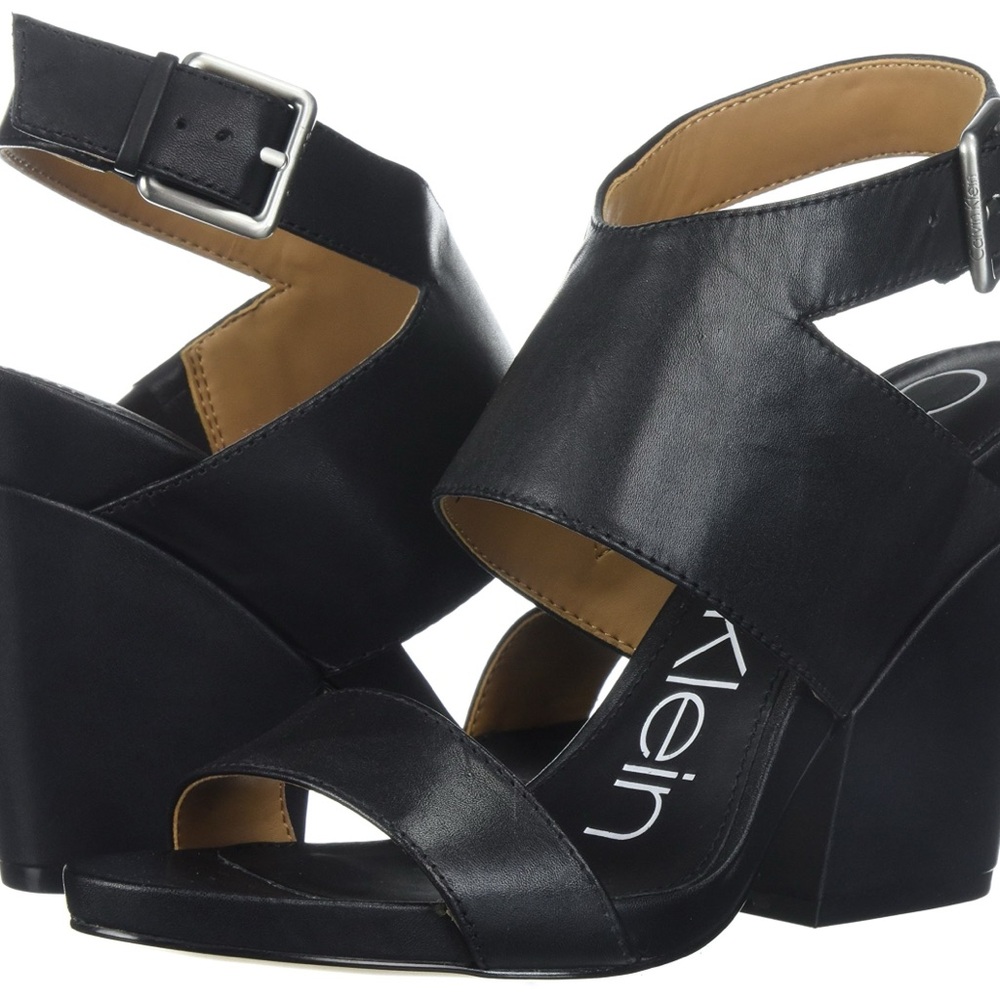 Calvin Klein Emmett Black Leather Wedge Sandals